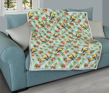 Bird with Red Flower Print Pattern Premium Quilt-JTAMIGO.COM
