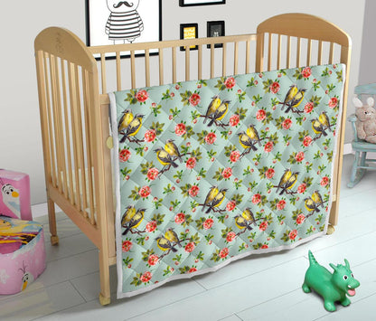 Bird with Red Flower Print Pattern Premium Quilt-JTAMIGO.COM