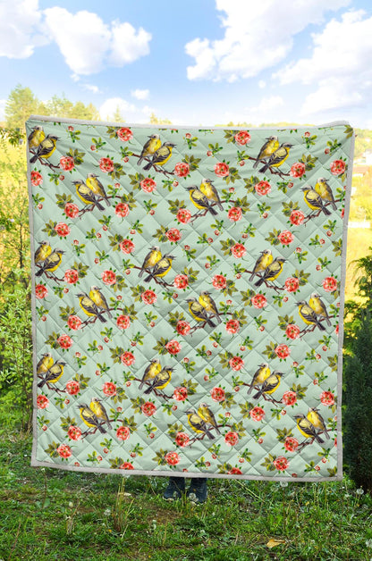 Bird with Red Flower Print Pattern Premium Quilt-JTAMIGO.COM