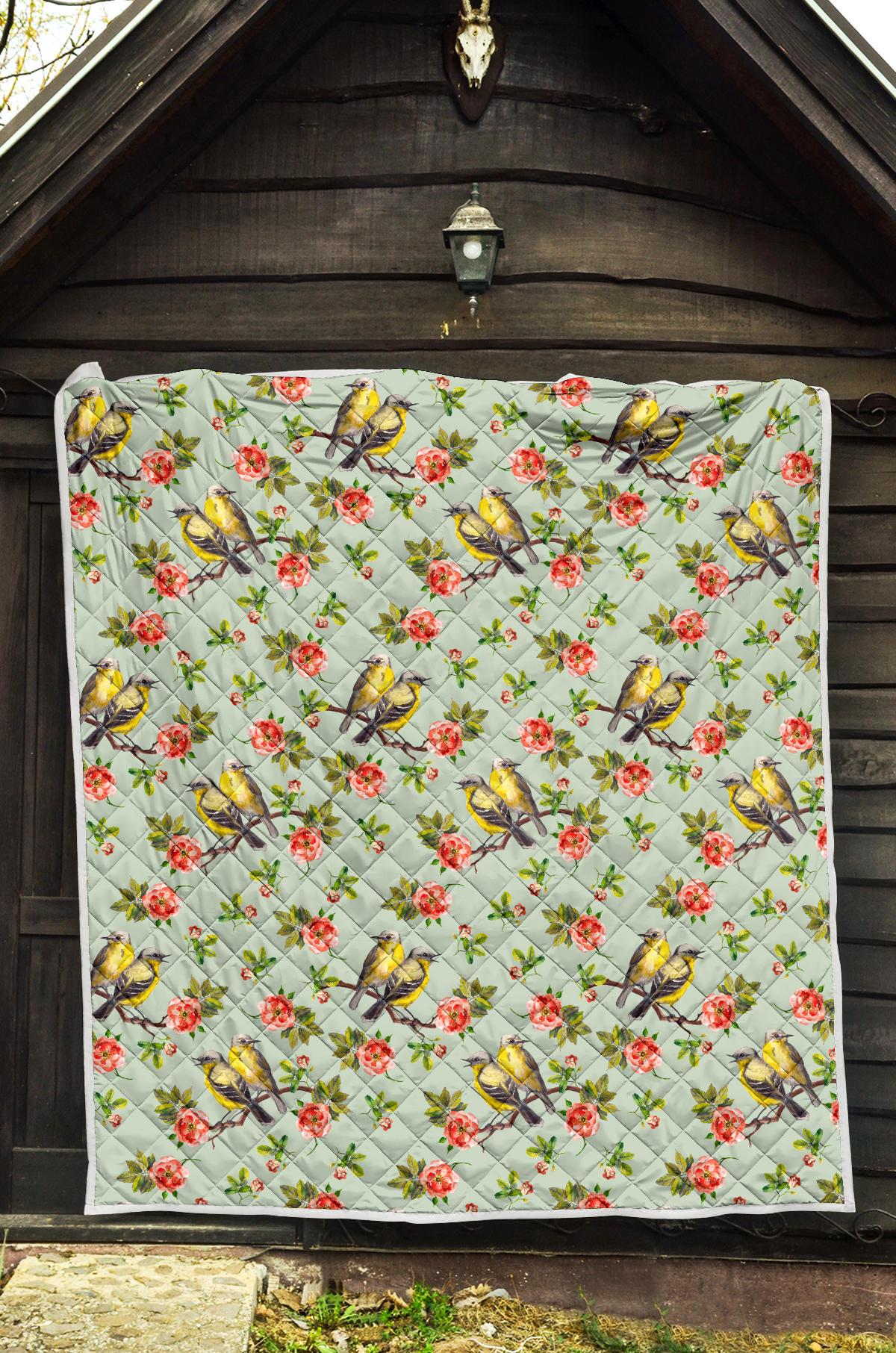 Bird with Red Flower Print Pattern Premium Quilt-JTAMIGO.COM
