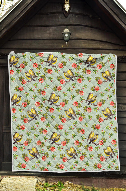 Bird with Red Flower Print Pattern Premium Quilt-JTAMIGO.COM