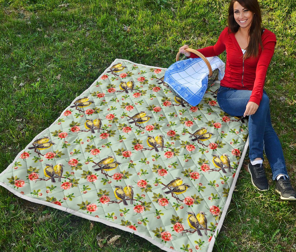Bird with Red Flower Print Pattern Premium Quilt-JTAMIGO.COM
