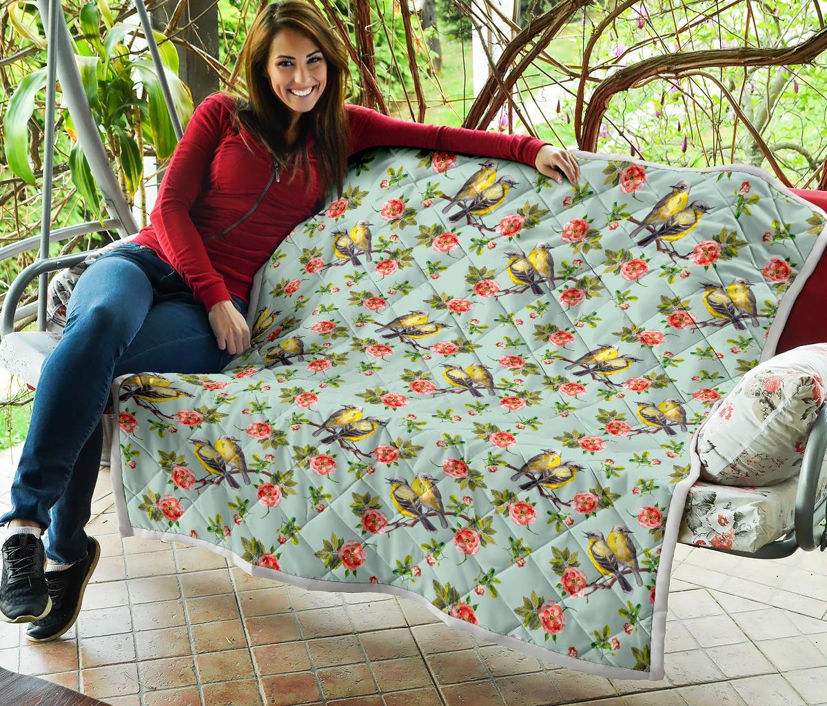 Bird with Red Flower Print Pattern Premium Quilt-JTAMIGO.COM