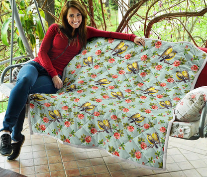 Bird with Red Flower Print Pattern Premium Quilt-JTAMIGO.COM