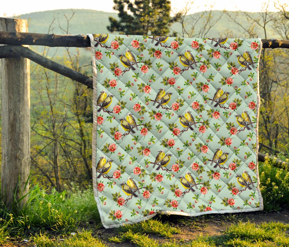 Bird with Red Flower Print Pattern Premium Quilt-JTAMIGO.COM