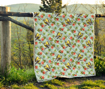 Bird with Red Flower Print Pattern Premium Quilt-JTAMIGO.COM