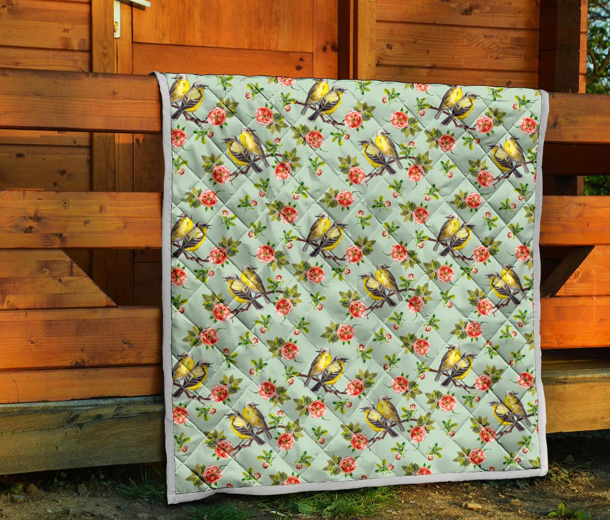 Bird with Red Flower Print Pattern Premium Quilt-JTAMIGO.COM