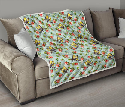 Bird with Red Flower Print Pattern Premium Quilt-JTAMIGO.COM