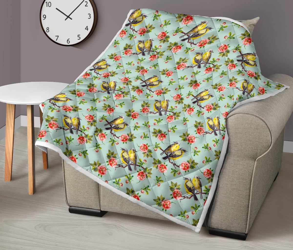 Bird with Red Flower Print Pattern Premium Quilt-JTAMIGO.COM