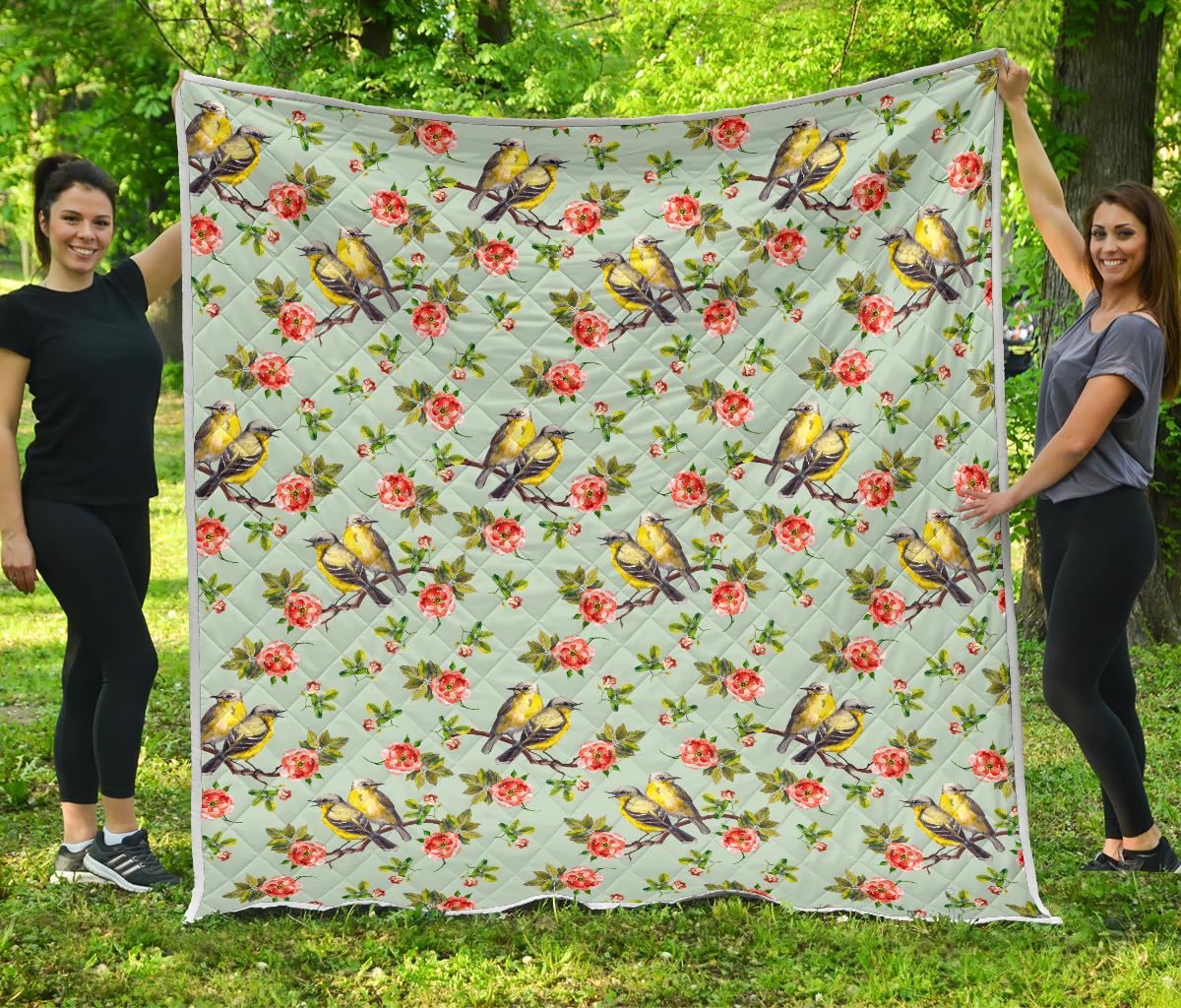 Bird with Red Flower Print Pattern Premium Quilt-JTAMIGO.COM