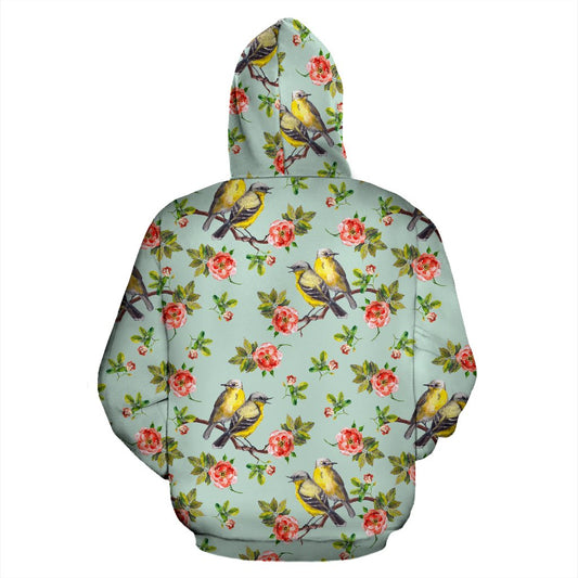 Bird with Red Flower Print Pattern Pullover Hoodie