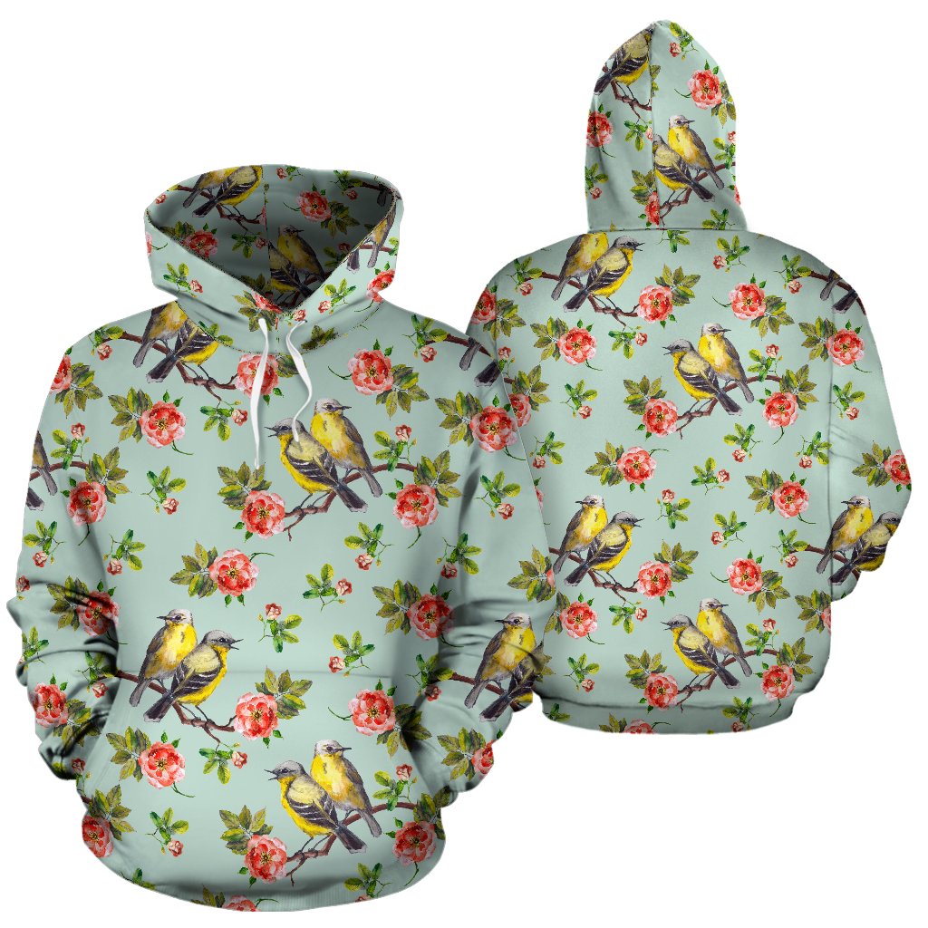 Bird with Red Flower Print Pattern Pullover Hoodie