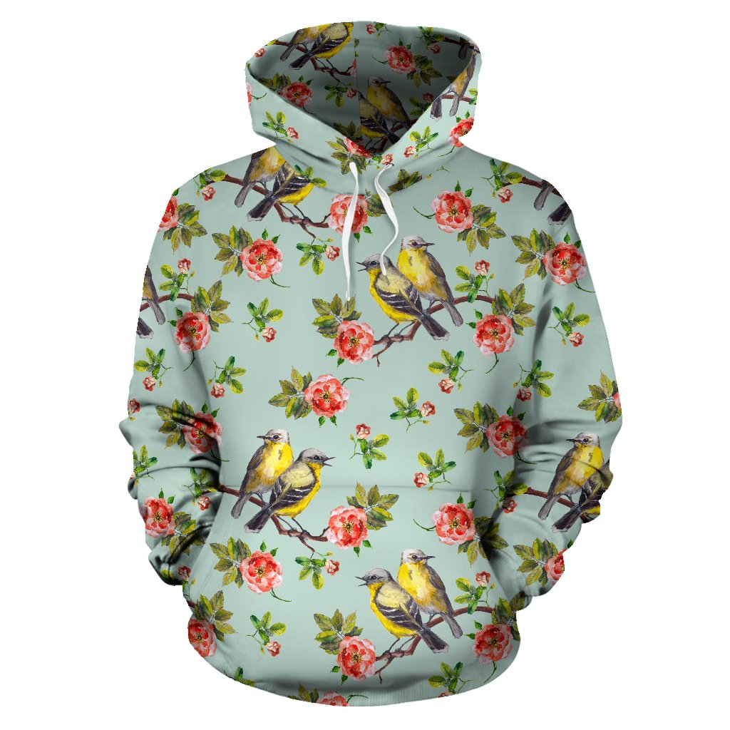 Bird with Red Flower Print Pattern Pullover Hoodie