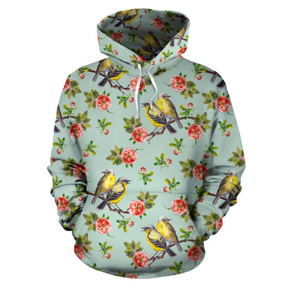 Bird with Red Flower Print Pattern Pullover Hoodie