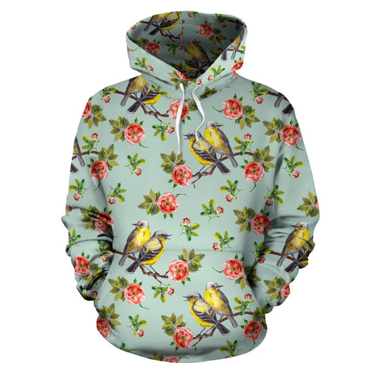 Bird with Red Flower Print Pattern Pullover Hoodie