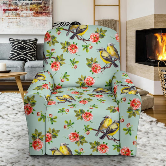 Bird with Red Flower Print Pattern Single Sofa Slipcover -JTAMIGO.COM