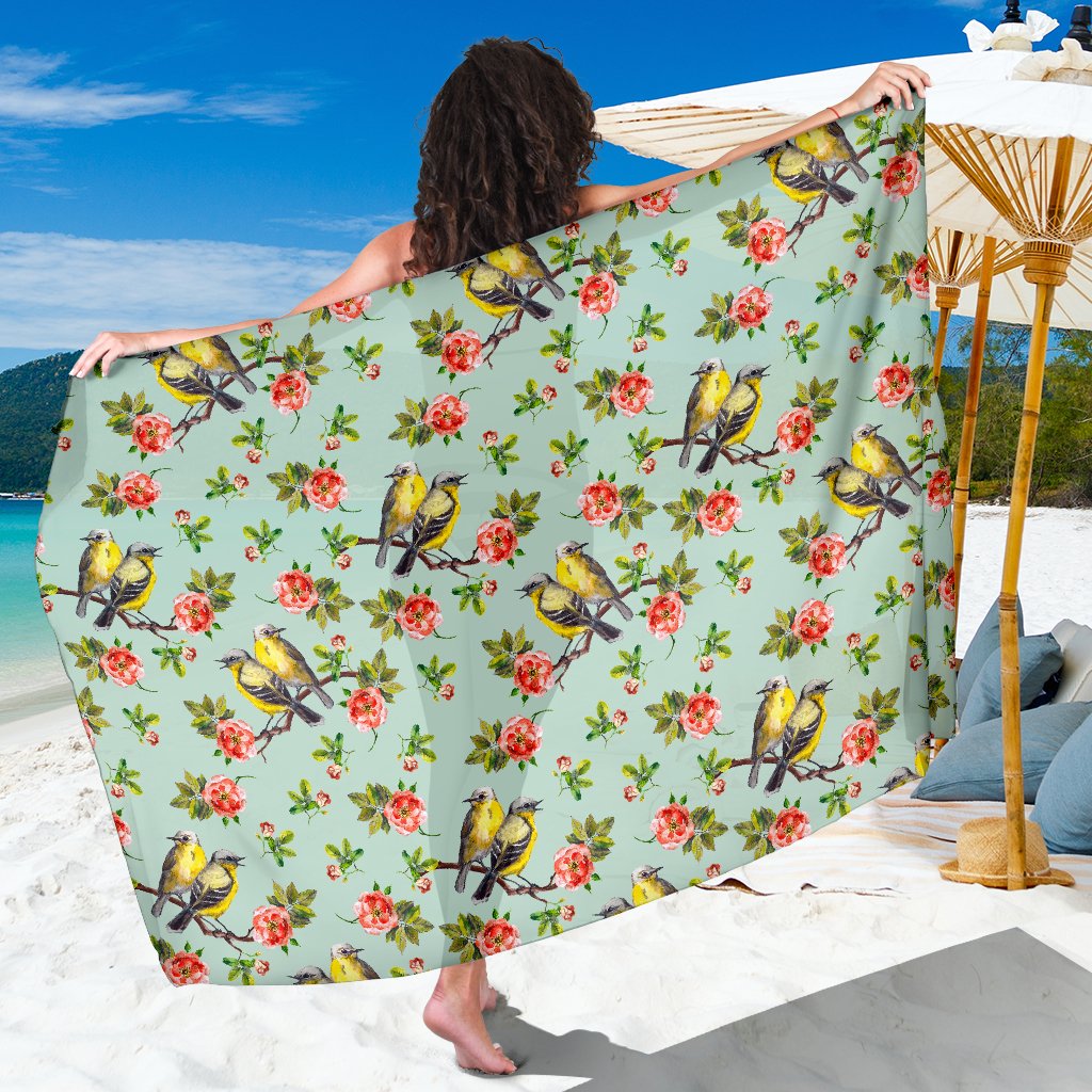 Bird with Red Flower Print Pattern Sarong Pareo Wrap
