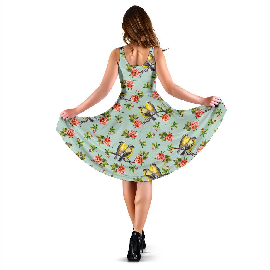 Bird with Red Flower Print Pattern Sleeveless Dress