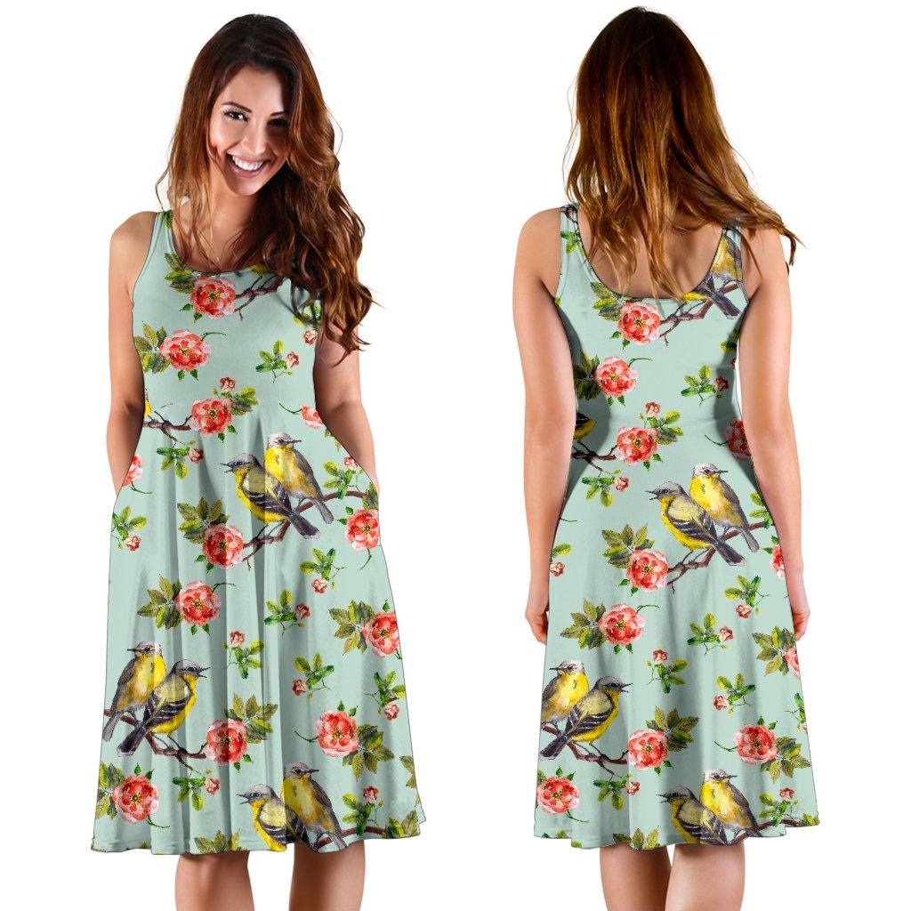 Bird with Red Flower Print Pattern Sleeveless Dress