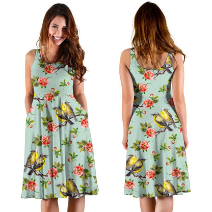 Bird with Red Flower Print Pattern Sleeveless Dress
