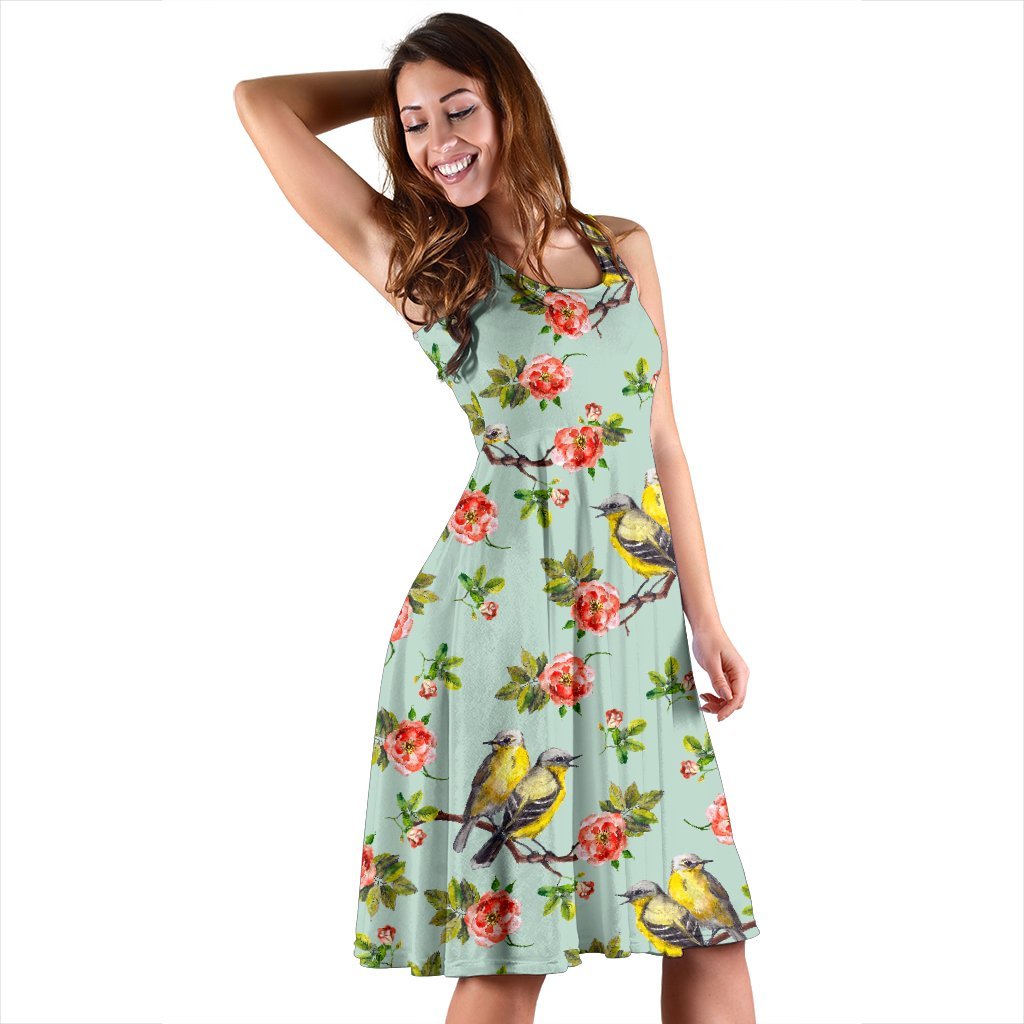 Bird with Red Flower Print Pattern Sleeveless Dress