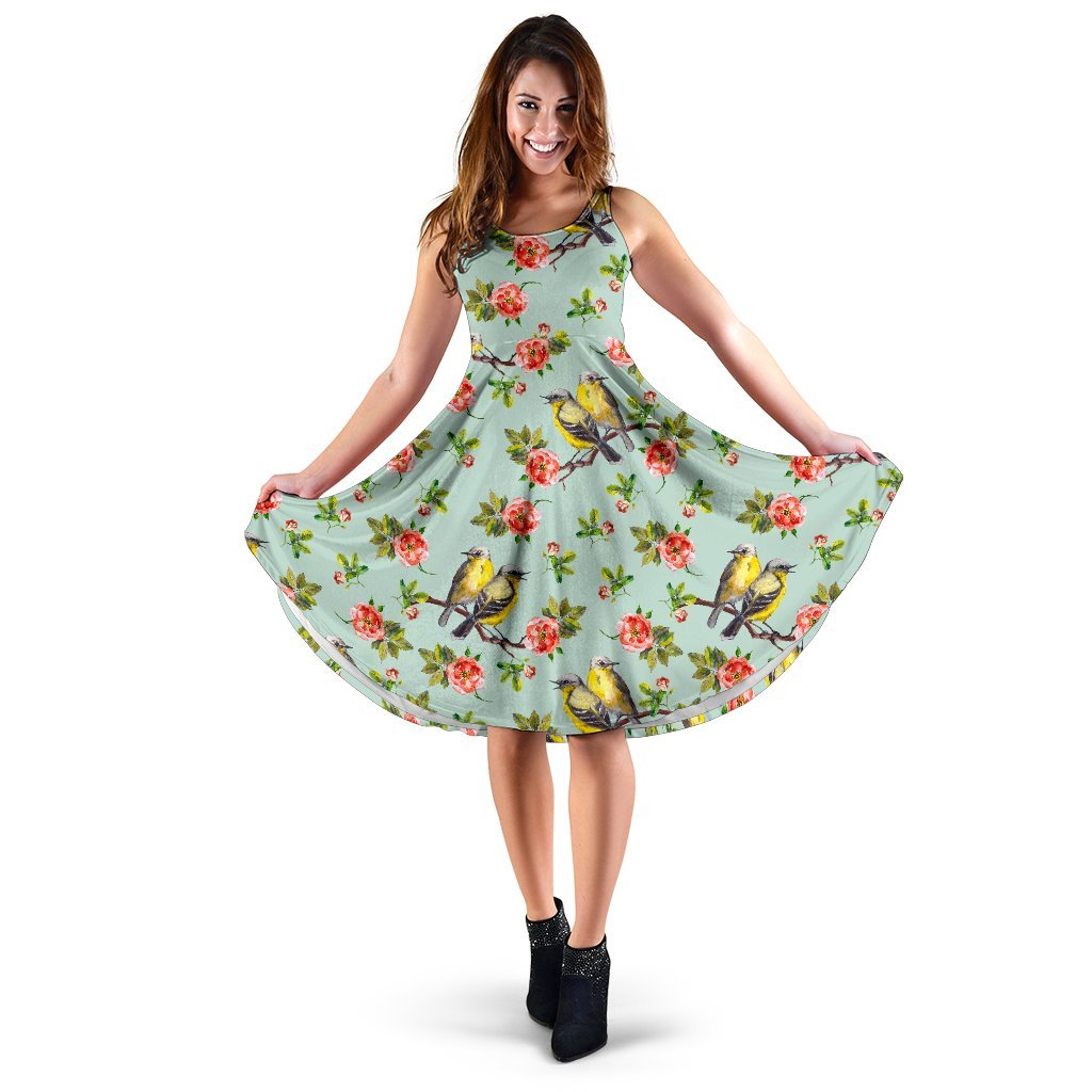Bird with Red Flower Print Pattern Sleeveless Dress