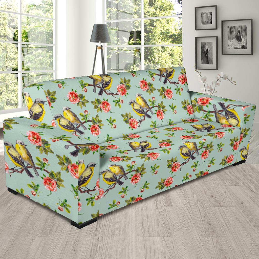 Bird with Red Flower Print Pattern Sofa Slipcover-JTAMIGO.COM