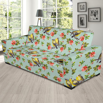 Bird with Red Flower Print Pattern Sofa Slipcover-JTAMIGO.COM