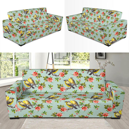 Bird with Red Flower Print Pattern Sofa Slipcover-JTAMIGO.COM