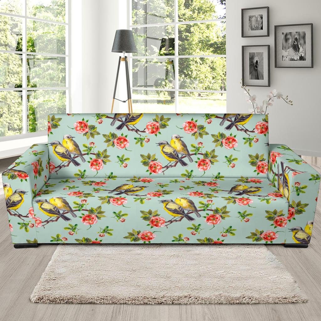 Bird with Red Flower Print Pattern Sofa Slipcover-JTAMIGO.COM