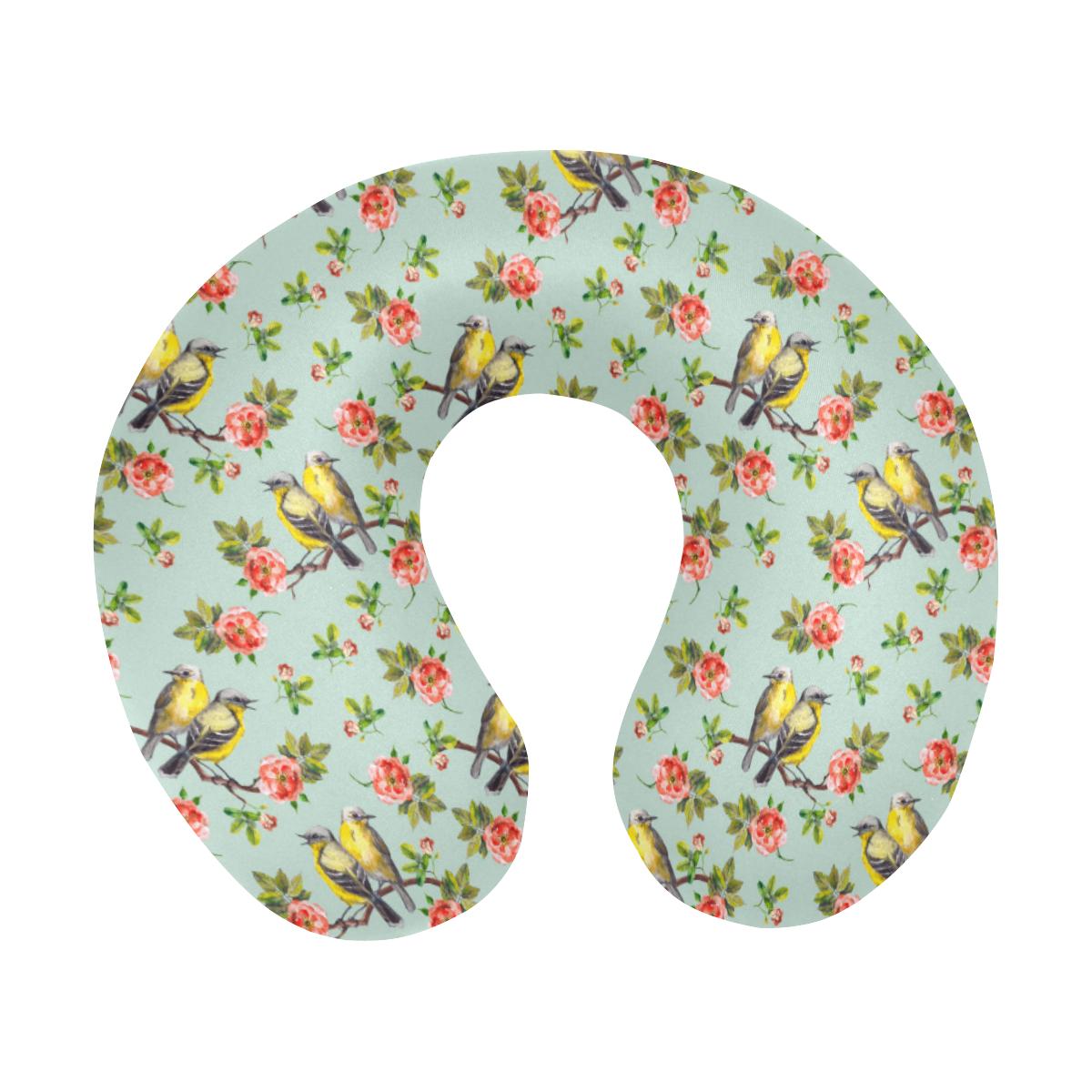 Bird with Red Flower Print Pattern U-Shaped Travel Neck Pillow-JTAMIGO.COM