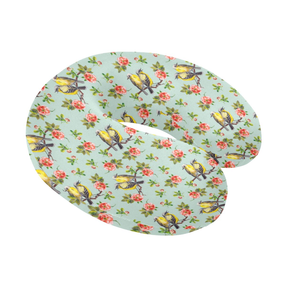 Bird with Red Flower Print Pattern U-Shaped Travel Neck Pillow-JTAMIGO.COM