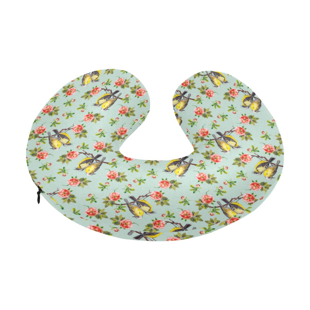 Bird with Red Flower Print Pattern U-Shaped Travel Neck Pillow-JTAMIGO.COM
