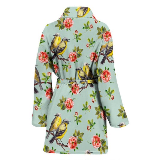 Bird with Red Flower Print Pattern Women Bath Robe-JTAMIGO.COM