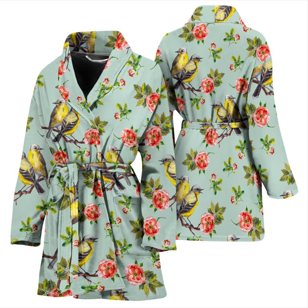 Bird with Red Flower Print Pattern Women Bath Robe-JTAMIGO.COM