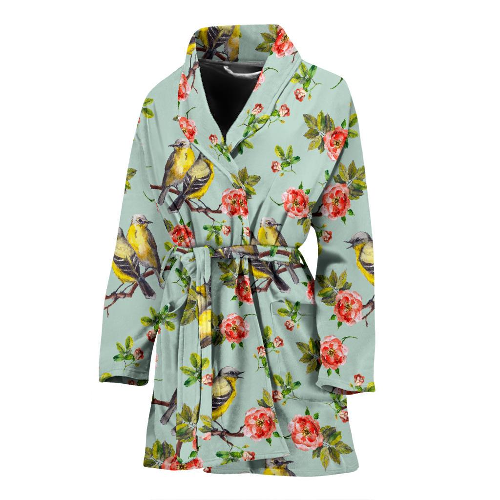 Bird with Red Flower Print Pattern Women Bath Robe-JTAMIGO.COM