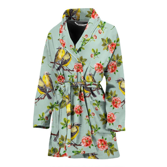 Bird with Red Flower Print Pattern Women Bath Robe-JTAMIGO.COM