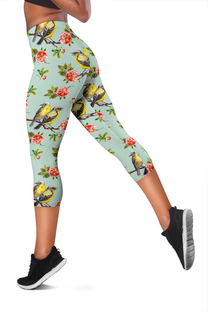 Bird with Red Flower Print Pattern Women Capris