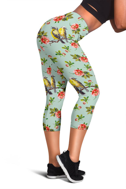 Bird with Red Flower Print Pattern Women Capris