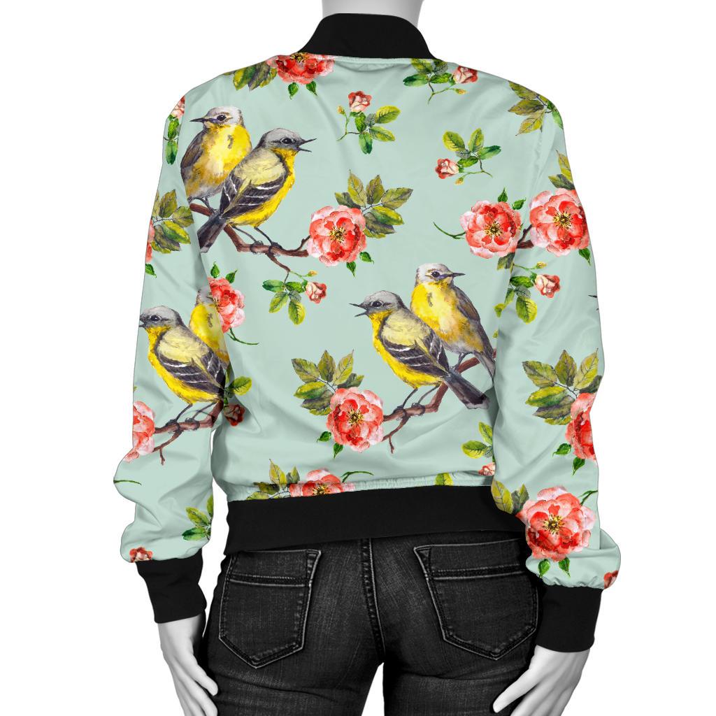 Bird With Red Flower Print Pattern Women Casual Bomber Jacket