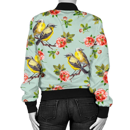 Bird With Red Flower Print Pattern Women Casual Bomber Jacket