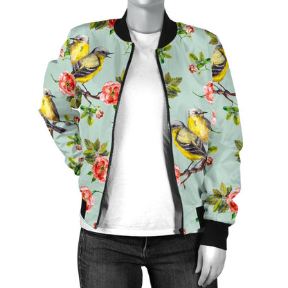 Bird With Red Flower Print Pattern Women Casual Bomber Jacket