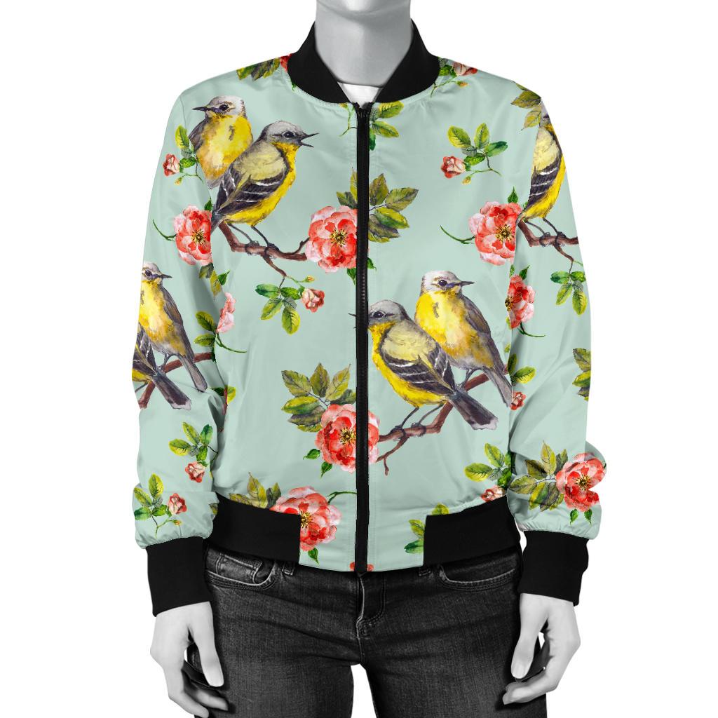 Bird With Red Flower Print Pattern Women Casual Bomber Jacket
