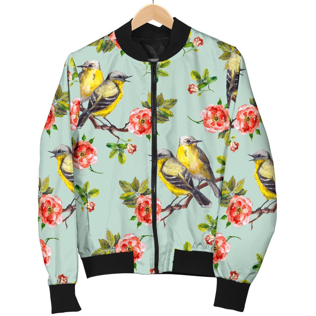 Bird With Red Flower Print Pattern Women Casual Bomber Jacket