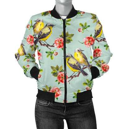 Bird With Red Flower Print Pattern Women Casual Bomber Jacket