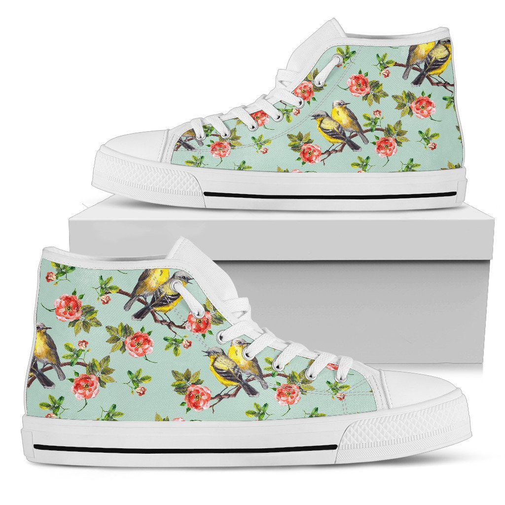 Bird with Red Flower Print Pattern Women High Top Shoes