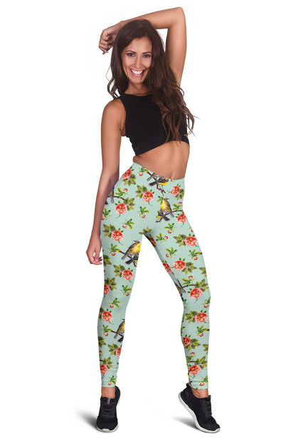 Bird with Red Flower Print Pattern Women Leggings