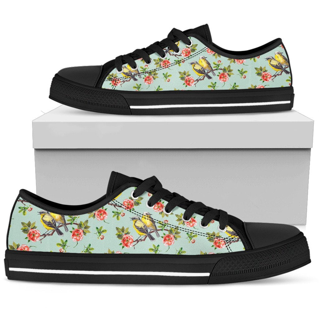 Bird with Red Flower Print Pattern Women Low Top Shoes
