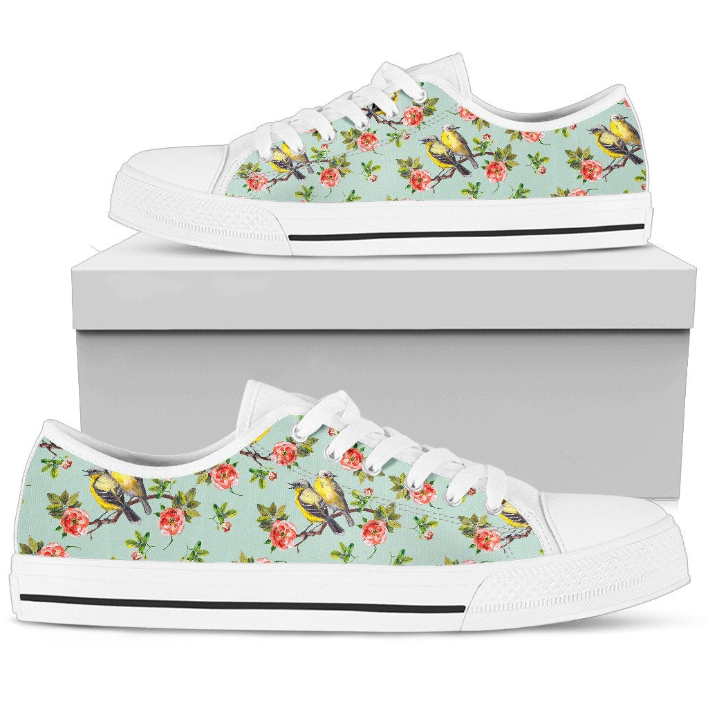 Bird with Red Flower Print Pattern Women Low Top Shoes