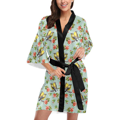 Bird with Red Flower Print Pattern Women Short Kimono Robe
